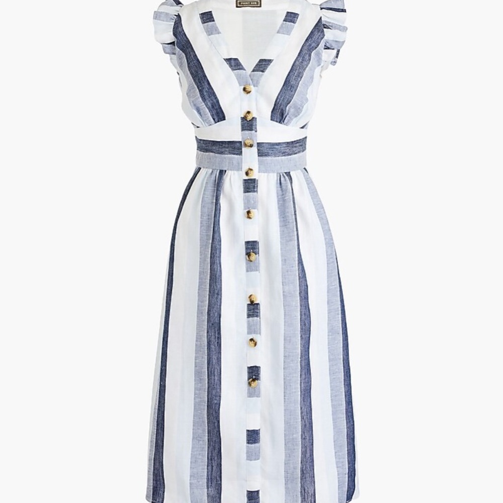 Button-front linen midi dress in faded indigo stripe